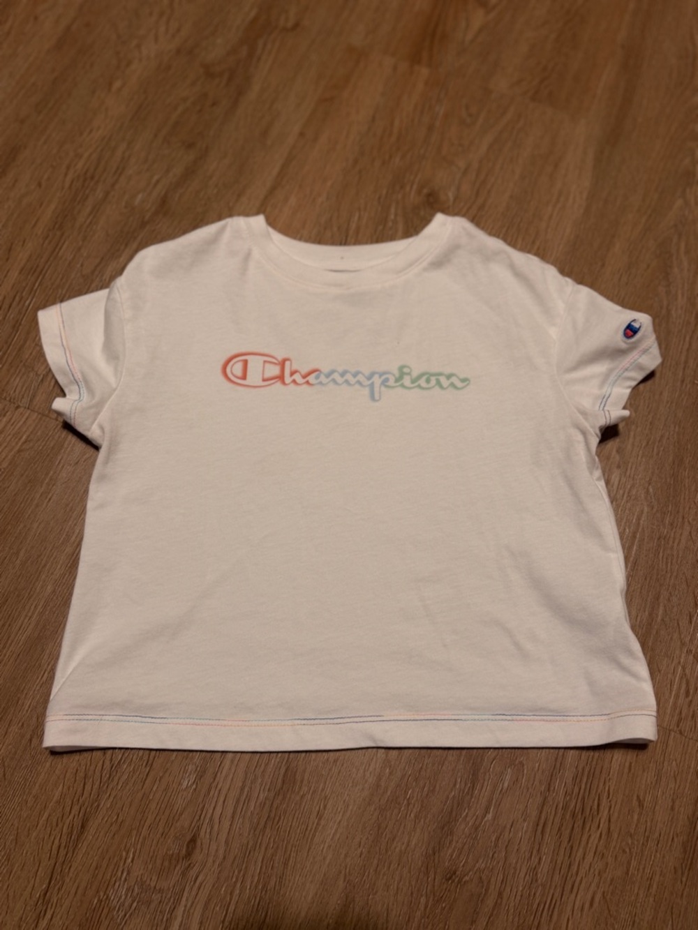 Champion Cropped White Logo Tee with Pastel Rainbow Script Stitching Y2K style